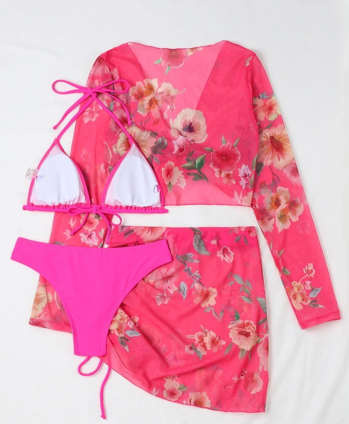 Four Piece Swimsuit Sexy Split Printed Mesh Long Sleeve Swimsuit High Profile Figure Bella Mia